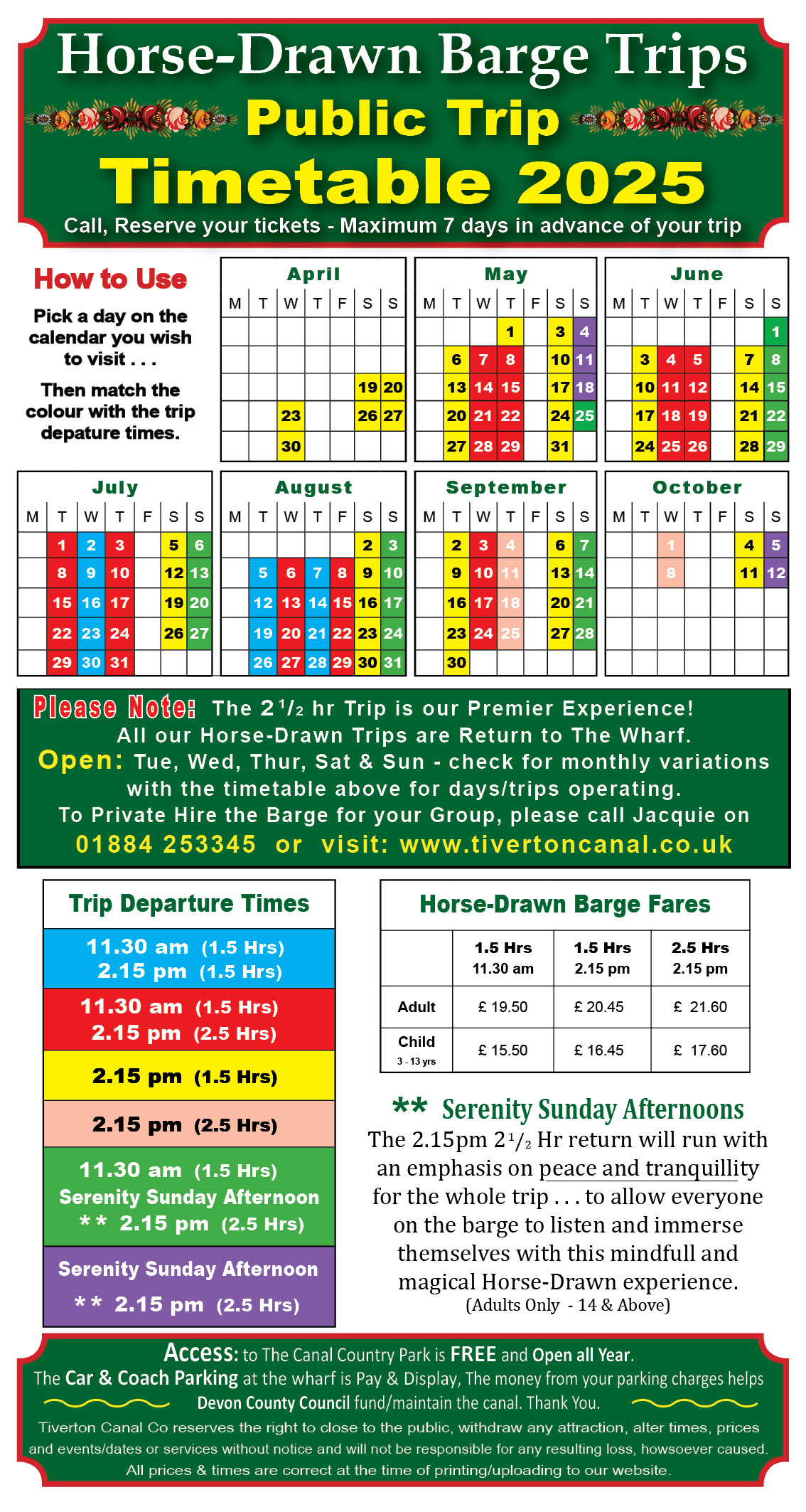 2020 Tiverton Canal Timetable and Prices (click the link above to download as a PDF