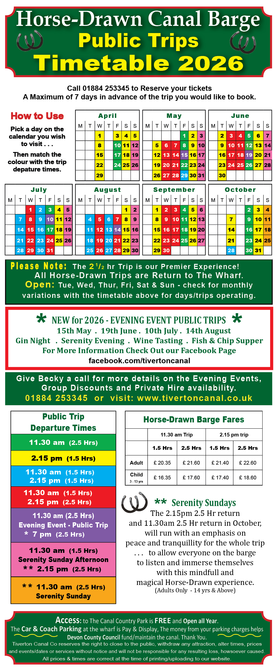 Tiverton Canal Timetable and Prices (click the link above to download as a PDF